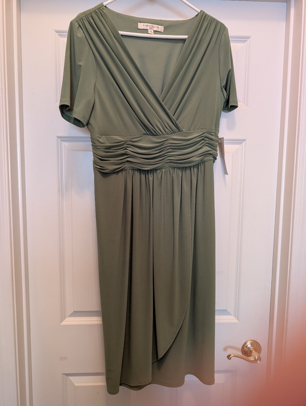 Evan Picone Sage Green Surplice Dress with Ruched Waist